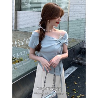 Cocorygirl  Áo thun nữ Hàn Quốc tay ngắn không đều mùa hè ngọt ngào và cay nơ mỏng sang trọng áo ngắn
