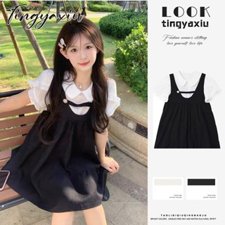 Set đồ nữ TING YA XIU gồm áo cổ búp bê và đầm yếm dáng lửng thời trang mới mùa hè ngọt ngào dễ thương Hàn Quốc