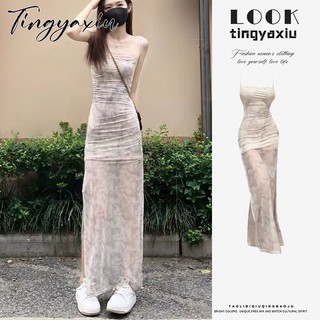 Váy treo hoa nữ TINGYAXIU Váy dài xẻ tà phong cách Pháp