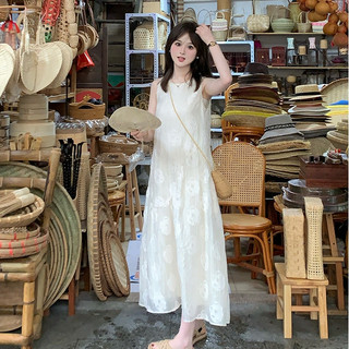 Du Lịch Pháp Giải Trí Kỳ Nghỉ Voan Váy Dài Nữ Thêu Rời Cổ Tròn Không Tay Giữa Chiều Dài Chữ A