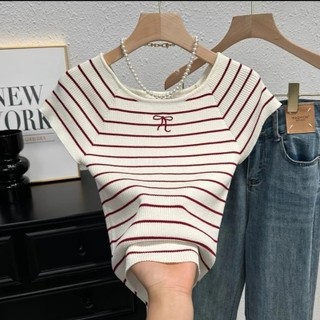 NZN Áo thun ngắn tay dệt kim sọc nơ thời trang dành cho nữ