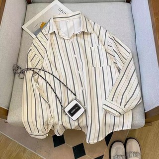 Phong Cách Hàn Quốc Nữ Nữ Sọc Rời Quá Khổ Baggy Áo Sơ Mi Tay Dài Baju Baju Wanita Lengan Panjang Hàng Mới Sẵn Có