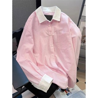 Phong Cách Hàn Quốc Nữ Nữ Sọc Rời Quá Khổ Baggy Áo Sơ Mi Tay Dài Baju Baju Wanita Lengan Panjang Hàng Mới Sẵn Có