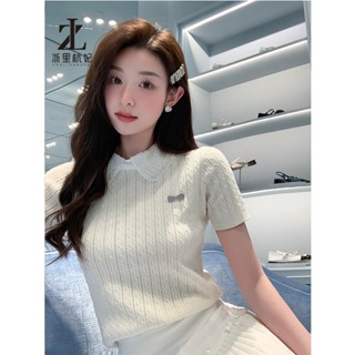 ZHELIHANGFEI Áo len dệt kim ngắn tay chắp vá mùa hè Hàn Quốc dành cho nữ Áo len dệt kim mỏng vừa vặn