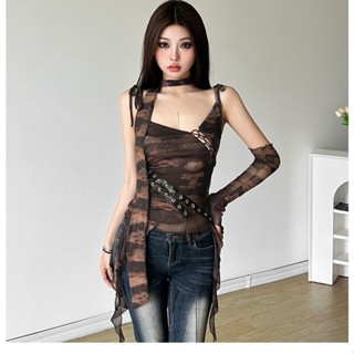  Cutenew Thiết Kế Thắt Lưng Y2K Camisole Có Khăn Buộc Cổ + Tay Nữ Dây Buộc Nhuộm Phong Cách Đường Phố Tank Top 