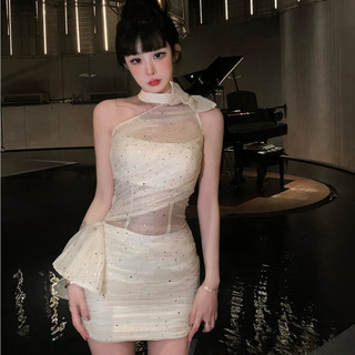 Đảng pháp đảng đầm skinny gợi cảm cho nữ slim-fit hẹp gạc khâu dây cổ quấn mông chấm bi đầm
