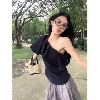 Best Áo hở vai màu đen sơ mi viền vai xù chéo được thiết kế dành cho nữ áo kiểu Hàn Quốc mùa hè dành cho nữ