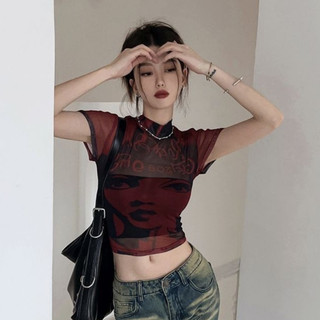 Áo Thun Croptop Nữ Cổ Cao Châu Âu Mỹ In Hình Slim-Fit Top Mùa Hè