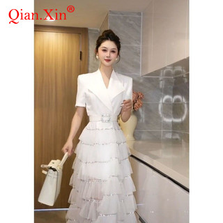 Phiên Bản Hàn Quốc 2025 Phù Hợp Với Khâu Gạc Váy Bánh Cao Cấp Sang Trọng OL Váy Dài Hai Mảnh Giả Ngắn Tay Chuyên Nghiệp +