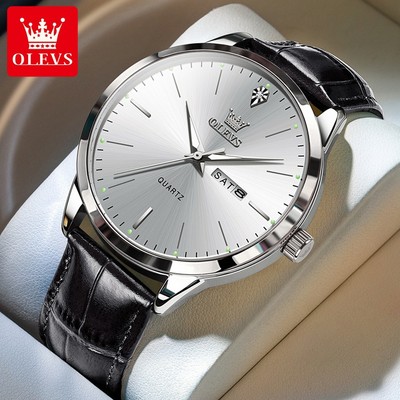 OLEVS Đồng hồ nam chính hãng  dây da Chống thấm nước sâu hiệu ứng phát sáng lịch 2935