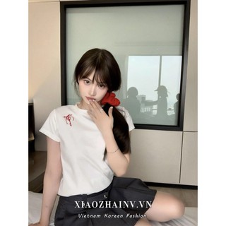 Xiaozhainv Thời trang Hàn Quốc nơ thêu cổ tròn ngắn tay Áo thun nữ