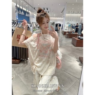 Xiaozhainv American giản dị sang trọng nơ in dây rút lệch vai áo thun ngắn tay Quần áo nữ