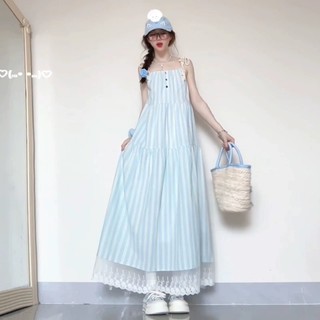 Du Lịch Pháp Giải Trí Kỳ Nghỉ Màu Xanh Sọc Sling Váy Dài Nữ Rời Ôm Hơn Nhìn Ren Khâu Không Tay Phối Ren Giữa Chiều Dài