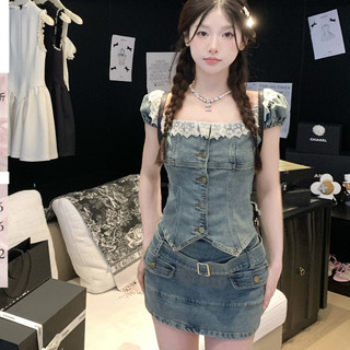 Phiên bản Hàn Quốc Bộ đồ Denim thời trang thông thường dành cho nữ Slim-fit Ngắn khâu ren cổ tròn tay ngắn Áo Denim một ngực + Denim cạp cao