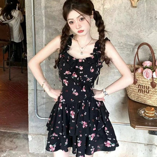 Pháp Giải Trí Du Lịch Kỳ Nghỉ Hoa Màu Đen Sling Dress Nữ Slim-fit Hẹp Eo Thiết Kế Cao Cấp Phối Ren Không Tay In Voan