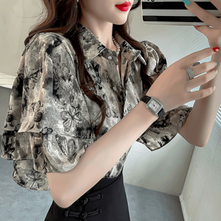 Nữ Phong Cách Mới Họa Tiết Bướm In Hình Xù Ngắn Tay Áo Sơ Mi Voan Mùa Hè Thường Ngày Rời Ve Áo Sơ Mi Phù Hợp Với Thời Trang Quần Áo Nữ