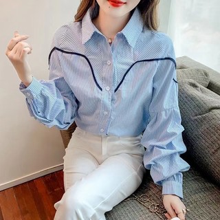 Phong Cách Hàn Quốc Nữ Nữ Rời Đèn Lồng Xếp Ly Sọc Áo Sơ Mi Tay Dài Áo Baju Baju Wanita Lengan Panjang