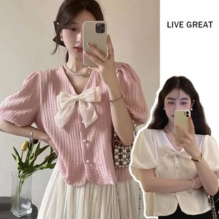 LIVE GREAT Áo Kiểu Tay Phồng Ngắn Cổ Chữ V Thắt Nơ Phong Cách Hàn Quốc Ngọt Ngào Thời Trang Mùa Hè Cho Nữ