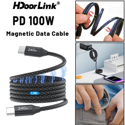 Cáp dữ liệu từ tính HdoorLink 100W Type-C IOS Sạc nhanh Cáp dữ liệu hút từ tính không bị rối Dễ dàng lưu trữ cho điện thoại 15 Android