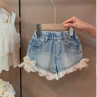  Quần áo trẻ em Quần short Denim nơ ren trẻ em cỡ trung
