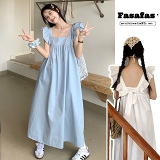 Váy treo nữ Fasafas có tay bay phong cách Hàn Quốc cotton nguyên chất dễ thương màu trắng xanh