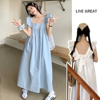 Váy treo nữ LIVE GREA có tay bay phong cách Hàn Quốc cotton nguyên chất dễ thương màu trắng xanh