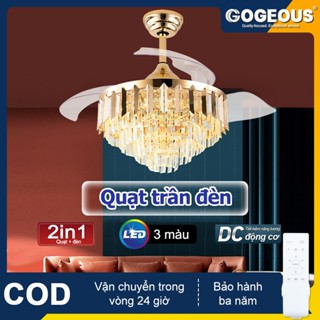 GOGEOUS Quạt trần đèn 3 màu 42 inch giấu cánh quạt phòng khách đèn pha lê có điều khiển từ xa 6 tốc độ gió 3 màu đèn quạt trần đổi chiều gió tiết kiệm điện