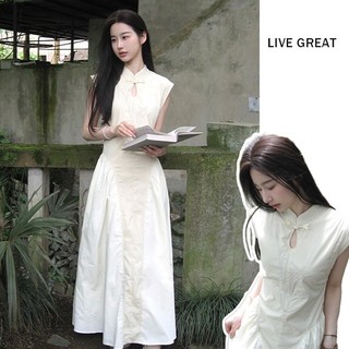 Váy nữ LIVE GREA phong cách Trung Quốc mới có nút dáng ôm phiên bản Hàn Quốc cotton nguyên chất dài