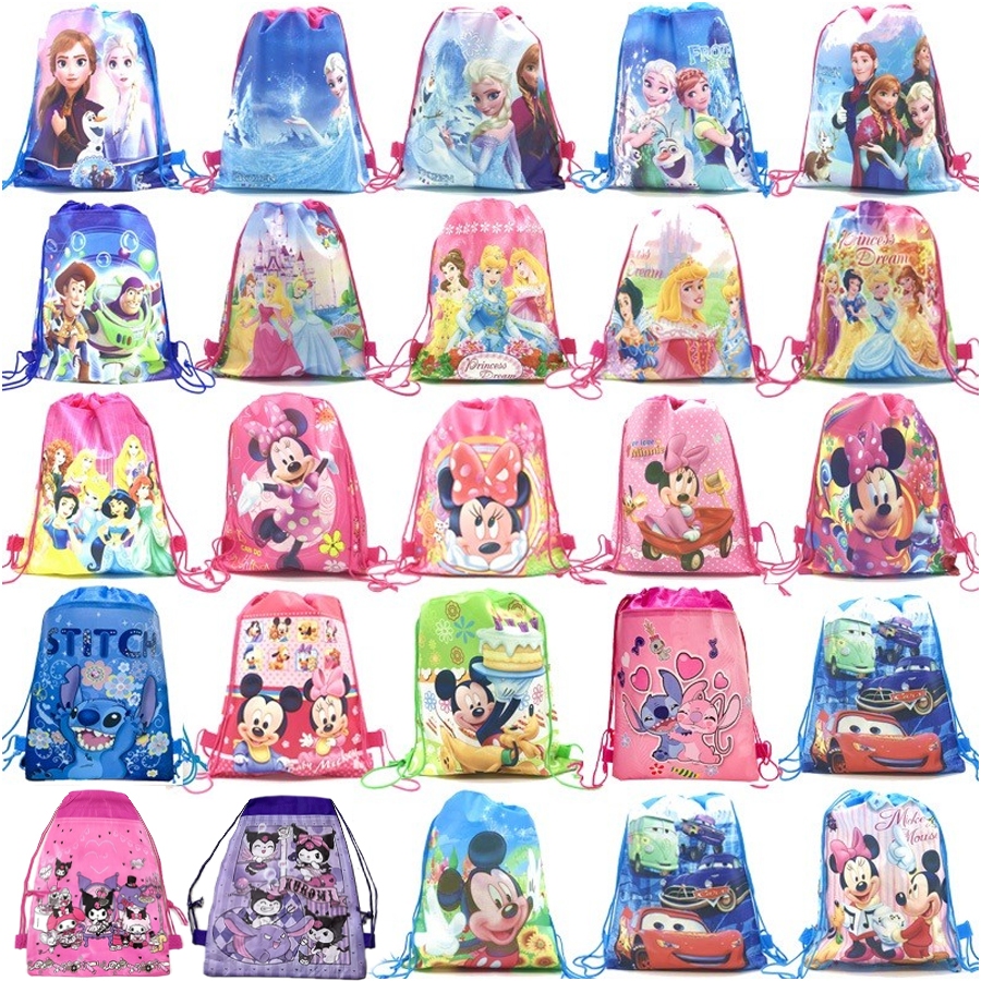 1 Mickey Minnie Coco Sofia Frozen Sáu Công Chúa Winnie Túi Mua Sắm Không Dệt Dây Rút Ba Lô Dự Tiệc C