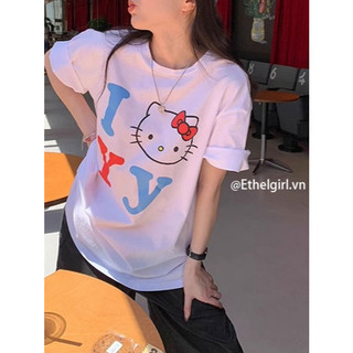 Ethelgirl Tủ quần áo nữ Hàn Quốc "Hello Kitty" in hình áo thun ngắn tay dáng rộng Unisex Oversize top