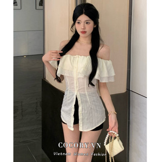 Cocorygirl Áo sơ mi nữ Hàn Quốc khí chất ruffle lệch vai thon gọn Y2K top