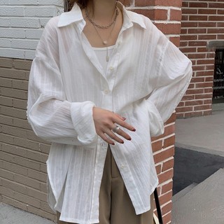 Áo Sơ Mi Nữ Mùa Hè Màu Trơn Ve Áo Rời Và Thường Ngày Hơi Trong Suốt Chống Nắng Áo Dài Tay Top