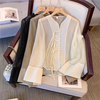 Phong Cách Hàn Quốc Nữ Nữ Voan Dài Tay Áo Sơ Mi Baju Baju Wanita Lengan Panjang Top