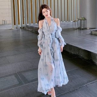 Du Lịch Pháp Giải Trí Kỳ Nghỉ Gợi Cảm Hoa Voan Váy Dài Nữ Slim-fit Eo Hẹp Tắt Vai Dây