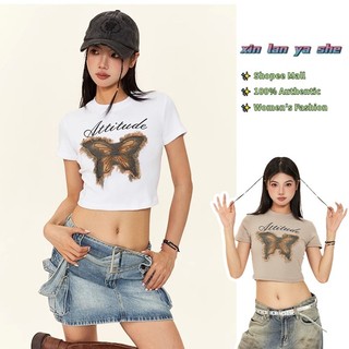 Xin LAN YA SHE Áo thun ngắn tay nơ denim mới dành cho nữ