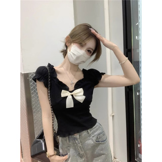 Suxi Sweet Bow Slim Fit Crop Tops Mùa hè Áo thun ngắn tay bong bóng thời trang mới 240618