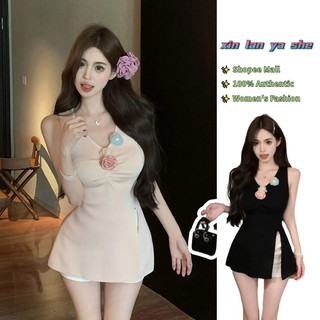 Xin LAN YA SHE Áo vest không tay cổ chữ v hoa mới dành cho nữ phong cách Pháp eo thon gọn vừa vặn xẻ hàng đầu