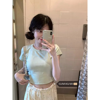 kumikumi Áo thun nữ tay ngắn đa năng thiết kế nơ rỗng thời trang Hàn Quốc