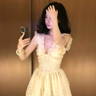 Whbyzwhcb Mùa Hè Nguyên Chất Desire Phong Cách Người Nổi Tiếng Thích Hẹp Eo Đầm Công Chúa Influencer Ngọt Ngào Cô Gái Nóng Váy Pettiskirt Sâu V Gợi Cảm ins
