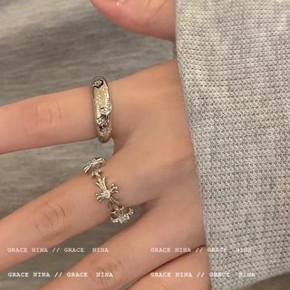 Nhẫn đôi mở chữ thập Zircon bạc thời trang có thể điều chỉnh