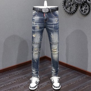 High quality retro men jeans with blue slim fit design and splicing for men casual denim pants