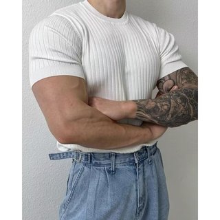 Mùa hè Mỏng Cổ Tròn Nửa Tay Dệt Kim Nam Slim-fit Co Giãn Hợp Thời Trang Áo Thiết Kế Phù Hợp Với Ver