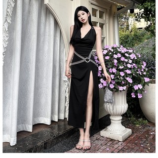 Cutenew Dây Lưng Dài Nữ Mùa Hè Gợi Cảm Bên Khe Đen Đảng Midi Đầm