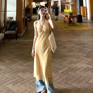 Du Lịch Pháp Giải Trí Kỳ Nghỉ Hoa Màu Vàng Halterneck Váy Dài Ôm Phù Hợp Với Eo Nẹp Không Tay Dài Giữa In Hình Voan Chữ A