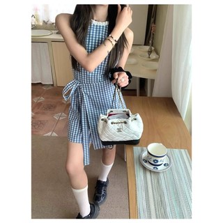 Váy kẻ sọc thắt lưng cổ tròn không tay