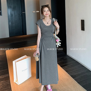Váy dài màu xám thời trang cổ điển kiểu Pháp dành cho nữ Slim-fit Thiết kế xếp ly eo hẹp cổ tròn tay ngắn dài vừa phải