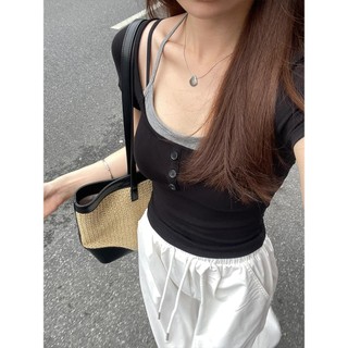 Áo thun ngắn tay hai mảnh giả cổ điển Mỹ