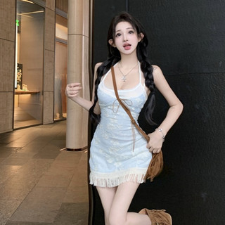 Pháp Thời Trang Gợi Cảm Đầm Sling Nữ Slim-fit Hẹp Eo Ren Khâu Thêu In Viền Ren Không Tay Skinny Đầm