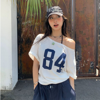 Cocorygirl Áo thun nữ Hàn Quốc tay ngắn in chữ lệch vai dáng rộng và đa năng