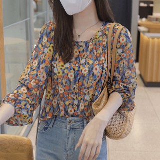 Nữ Phong Cách Mới In Hoa Tay Phồng Áo Sơ Mi Voan Mùa Hè Thường Ngày Rời Cổ Tròn Áo Sơ Mi Tay Dài Phù Hợp Với Cổ Hàng Đầu Thời Trang Quần Áo Nữ